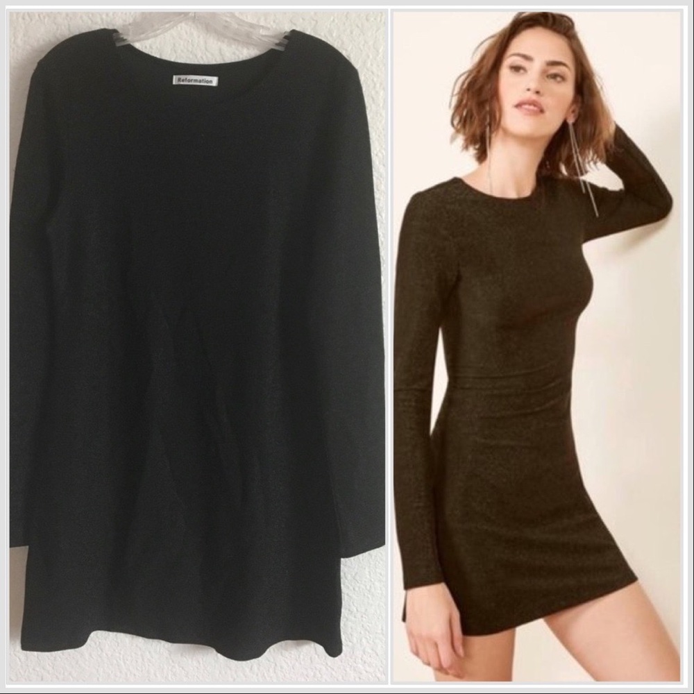 Reformation Radford Black Sparkle Metallic Long Sleeve Mini Dress Large